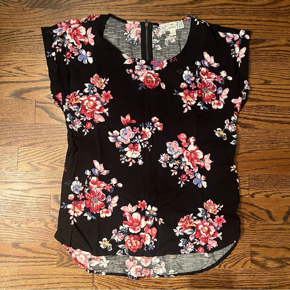 Pink Republic Black Floral Zip Closure Blouse - Size Medium